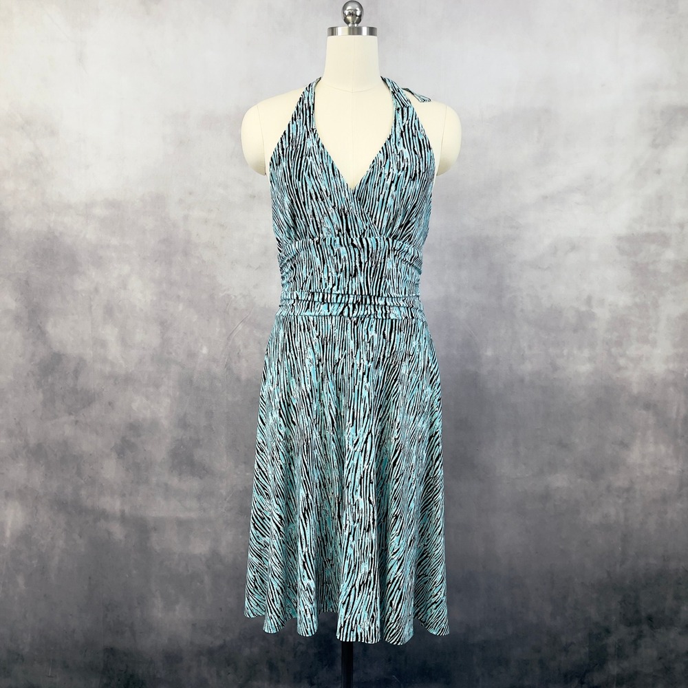Y2K Womens Halter Dress L/XL Ruched Zebra Print Summer Resort Going Out Stretchy
